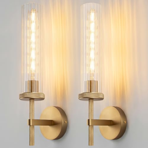 19.5" Knurled Gold Hardwired Wall Sconces Set of 2 (Vertical Striped / 19.5″-Gold)