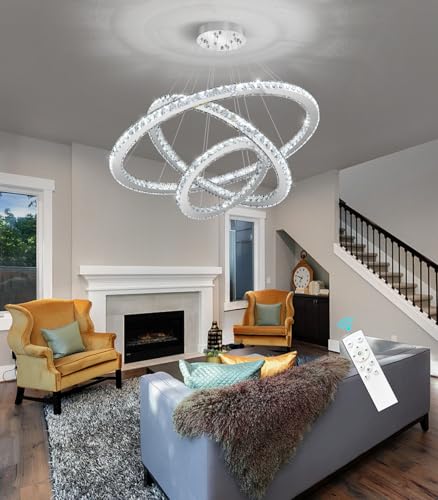 Crystal Chandelier Modern Dimmable LED Ceiling Light Fixture with Remote 3 Rings Stainless Steel Pendant Lighting for Living Room Dining Room Foyer Silver (Silver / 3-Ring 32")