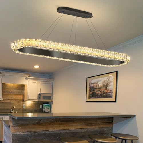 47'' Oval Ring Crystal Chandelier Modern LED Dimmable Ring Pendant Light Chandelier for Dining Room Living Room Black (Black / 1 Ring Oval 47")