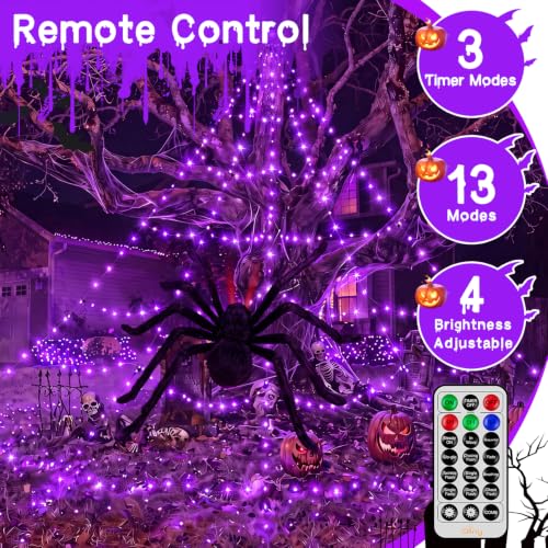 Halloween Sipder Web Lights 454 LED 16.4 FT Tall with Red Eyes Giant Spider (Purple / 16.4FT)