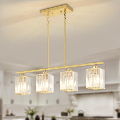 Brushed Gold Linear Chandelier Square Crystal Dining Room Light Fixture (4-Light Brushed Gold)