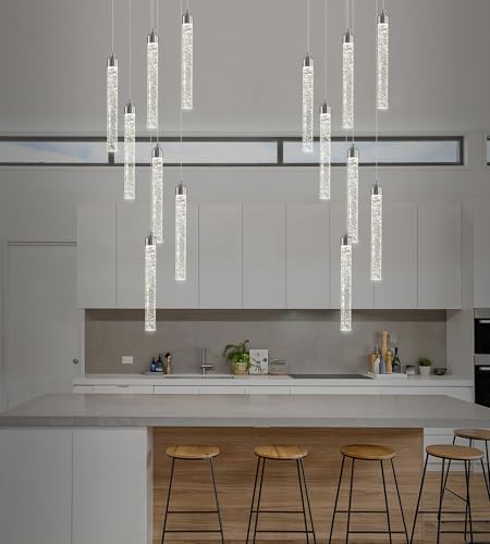 7 Lights High Ceiling Crystal Staircase Chandelier Chrome Pendant Lights Modern Spiral Raindrop Dimmable LED Bubble Cluster Ceiling Hanging Lighting Fixture for Foyer Living Room Remote Control (Chrome / 7 lights)