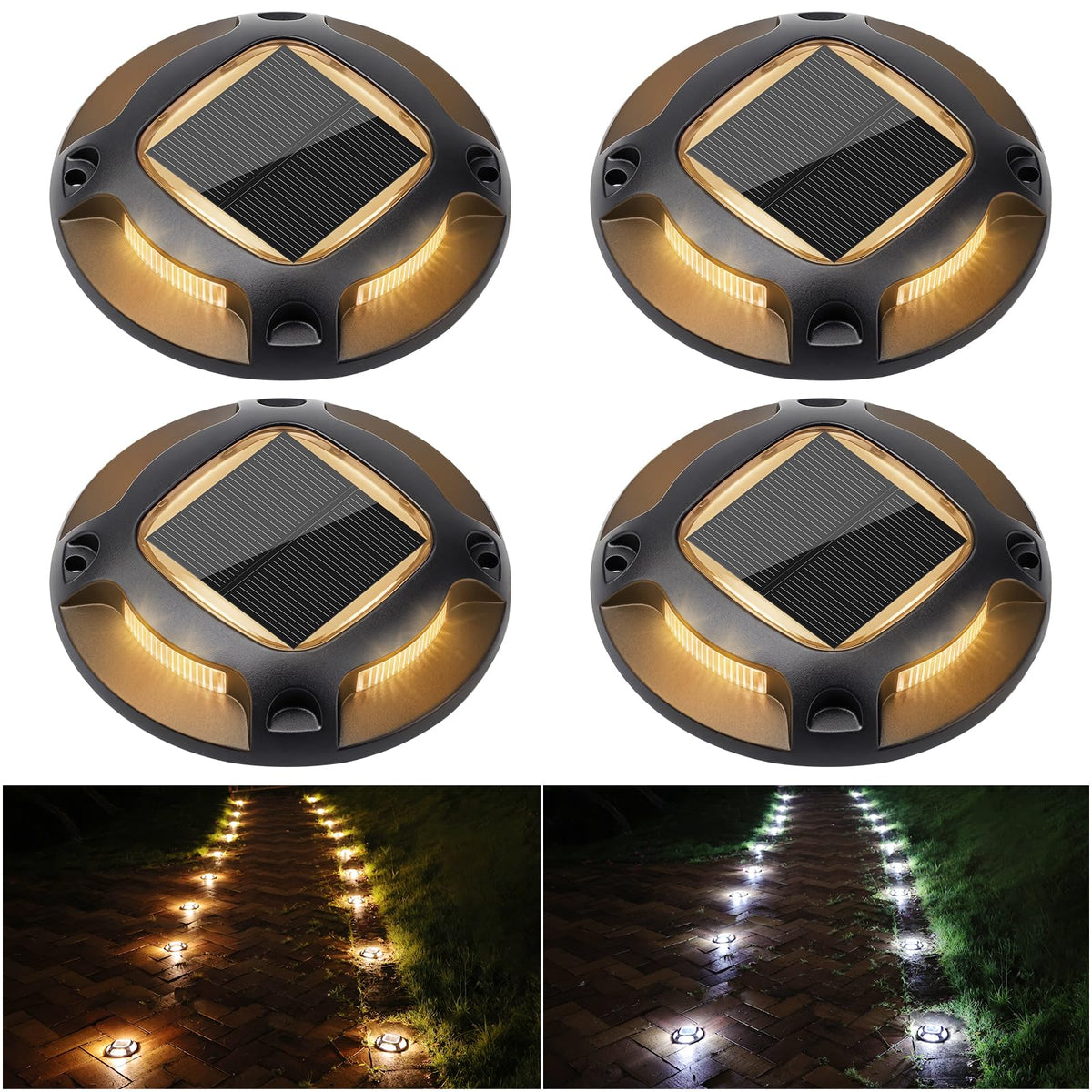 Solar Driveway Lights Dock Marine Lights 4 Pack (White+Warm White,Black / 4pack)