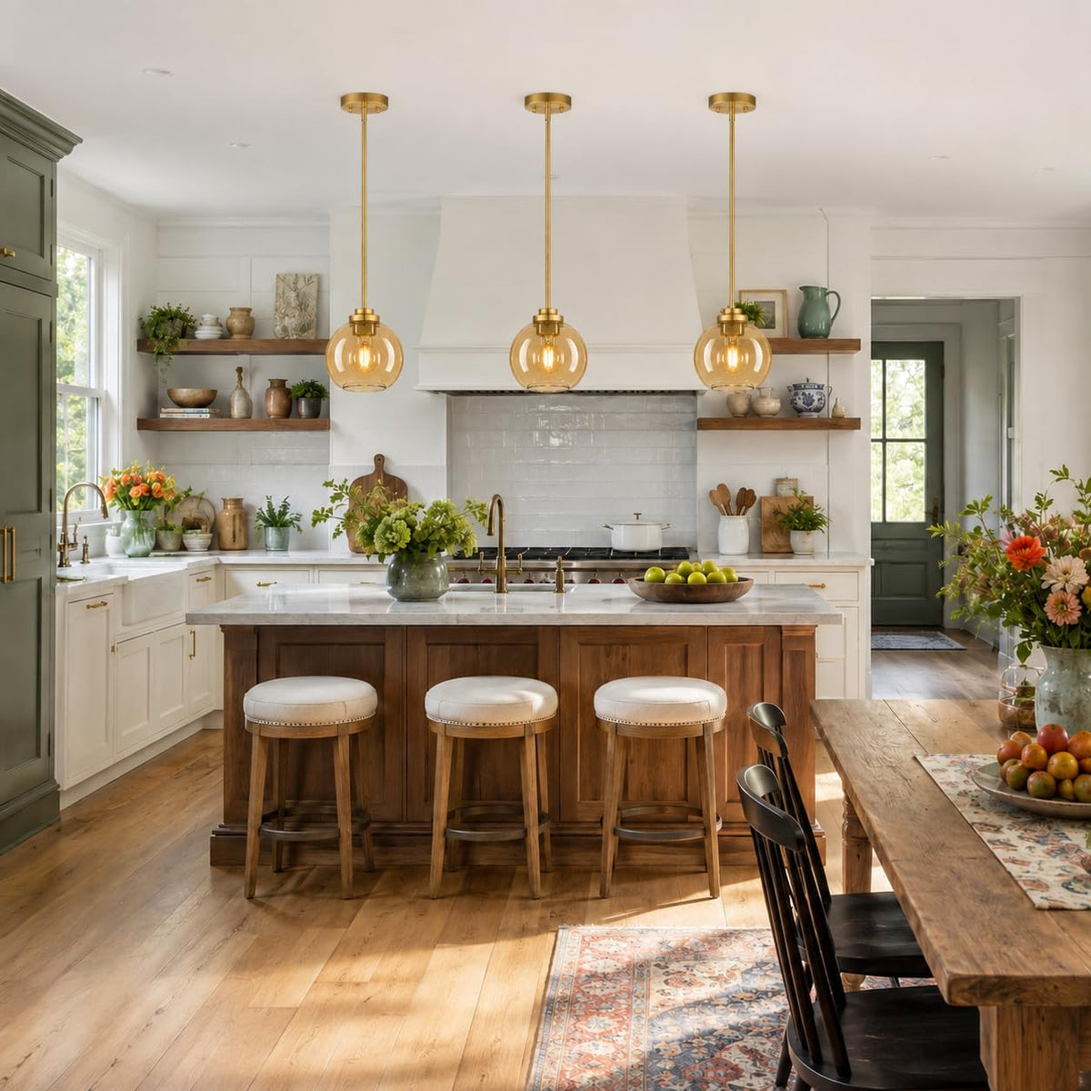 2 Pack Modern Globe Pendant Lights Kitchen Island Amber Glass (Brushed Gold + Amber Glass 2 Pack)