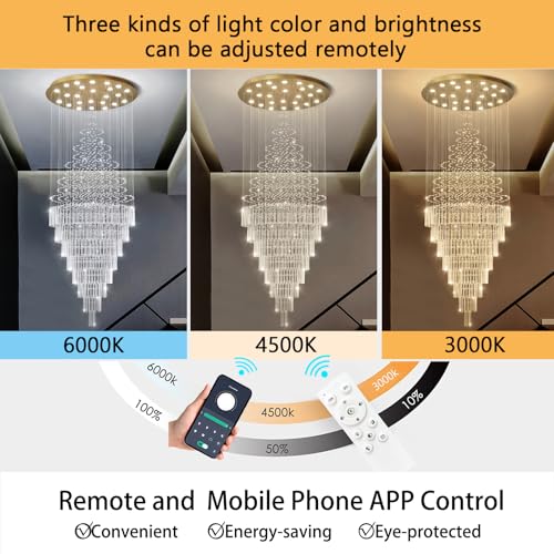 W47 x H120 Crystal LED Chandelier with Light Bulbs Luxury Raindrop High Ceiling Chandeliers for Entryway Villa Staircase Foyer Living Room Lighting Fixtures Gold (Gold / Round W47" X H118")