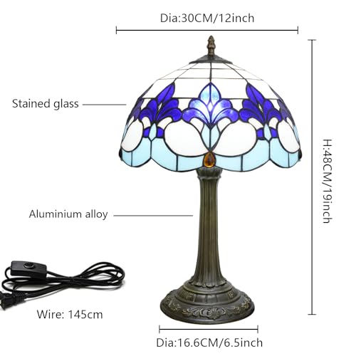 Tiffany Lamp Stained Glass Lamp Blue And White Iris Bedside Table Lamp Village Retro Rustic Style Nightstand Living Room Bedroom Office Kitchen Home Decor Accent Mid Century Reading Desk Light 12 Inch (Iris Flower Lamp)