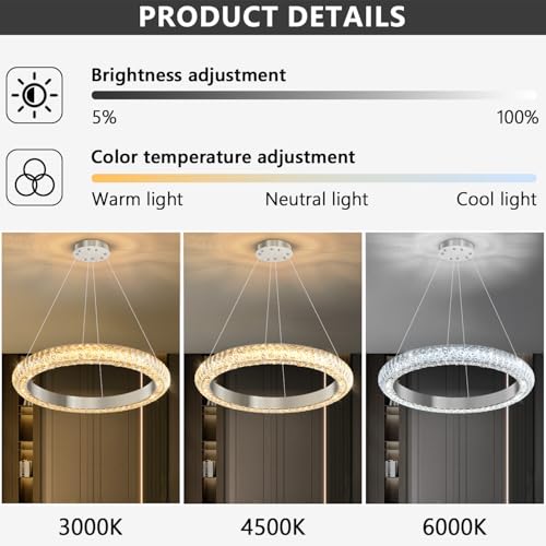 24" Ring Modern LED Dimmable Crystal Chandelier Adjustable Height Pendant Light Round Crystal Chandelier Light Fixtures for Dining Room Living Room Kitchen Island Silver (Silver / 1 Ring Round 24")