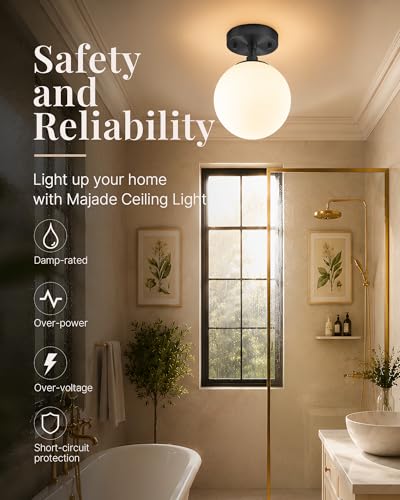 Semi Flush Mount Ceiling Light 8" Globe Mid Century Modern Light Fixture Milk Glass with Matte Black Finish Light Fixtures for Hallway Entryway Kitchen Island Closet Laundry Bathroom (Black-8" / 1 Pack)