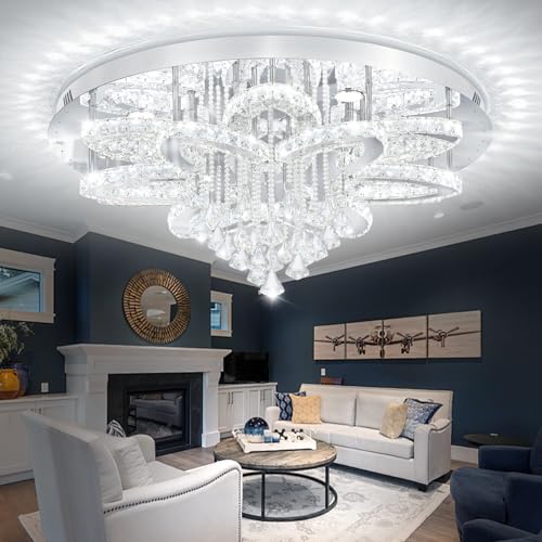Modern Crystal Chandelier Crystal Flush Mount LED Ceiling Light Fixture for Living Room Foyer Dining Room Hallway Dimmable 2700k 4500k 6000k