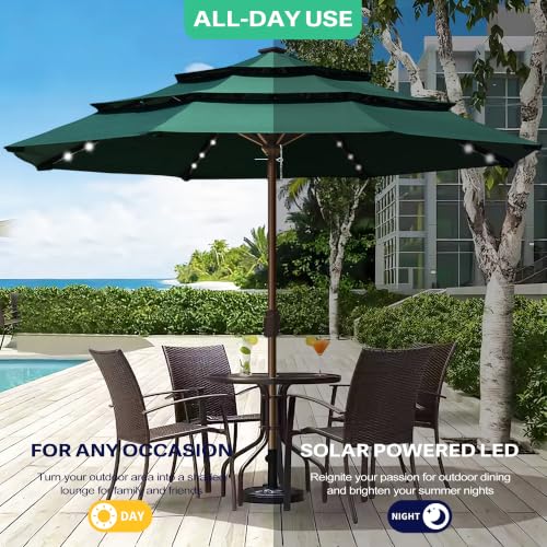 USA 10-Year-Non-Fading 10ft 3-Tier Market Patio Umbrella, Commercial Table Umbrella with 80 Solar LED Lights, Crank Open, Windproof & UPF 50+ UV Protection for Garden, Deck, Pool, Backyard, No Tilt, Forest Green (Forest Green / 10FT(Triple Vents No Tilt))