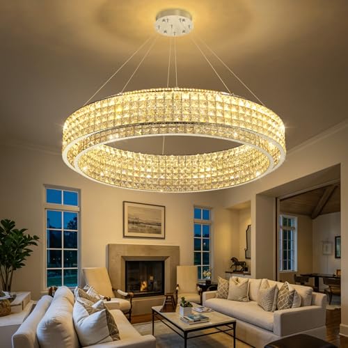 W40 Modern Chandeliers for Living Room LED Dimmable Pendant Lighting High Ceiling Chandelier for Dining Room Foyer Hallway Crystal Rectangle Light Fixtures Silver (Silver / Round 40")