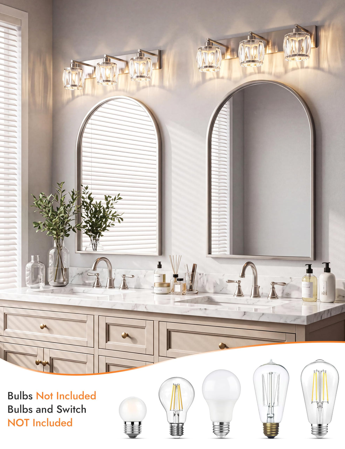 3 Light Crystal Bathroom Vanity Light Fixtures (Brushed Nickel-Round / 3 Light)