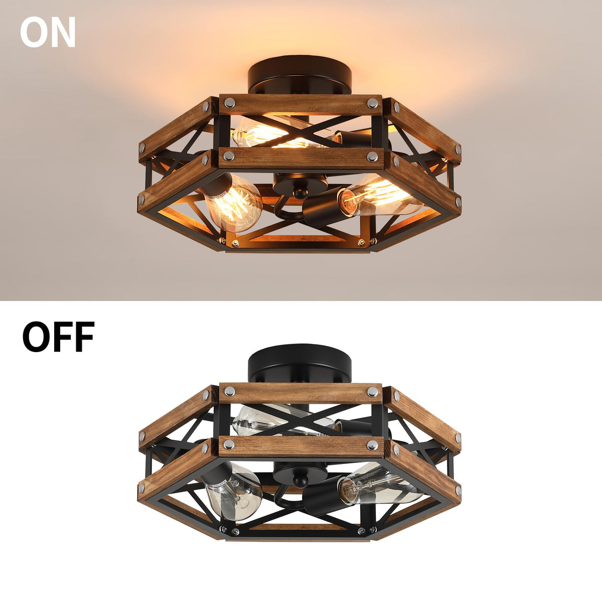 2 Pack 3 Light Rustic Farmhouse Wood Flush Mount Ceiling Light Fixture Oak Wood and Metal Cage Semi Flush Mount Ceiling Light for Hallway Hall Entry Bedroom Kitchen Farmhouse (Oak and black 2 pack)