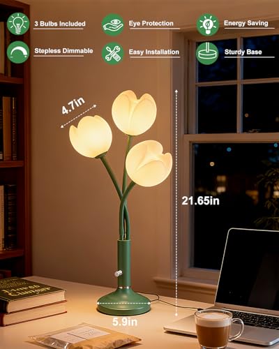 Flower Green Table Lamp Dimmable 3 Bulbs Included Gift for Nursery (12-Green-Flower-3U)