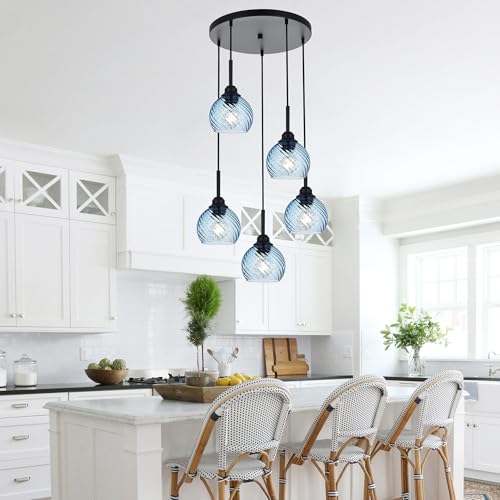 5 Light Cluster Pendant Lighting with Striped Swirl Globe Glass Blue Pendant Light for Kitchen Island (Blue / 5-Light-Round Cluster)