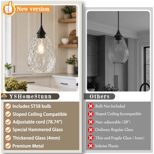 Black Glass Pendant Lights Kitchen Island 6.3" Pendant Light Hammered Clear Glass 3 Pack Height Adjustable Modern Hanging Pendant Lights for Dining Room Bedroom Hallway Sink Bulbs Incl (Black, 3 PK / 6.3 Inch)