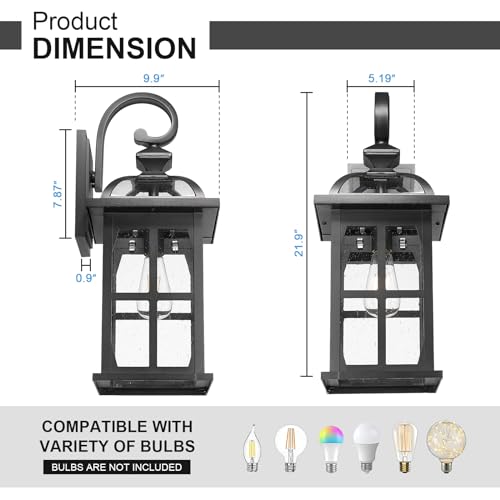 2pcs Large Outdoor Wall Light (Black-Seeded Glass / Large-2 Pack)