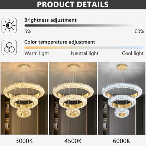 23.6" 3 Ring Crystal Chandelier Modern LED Dimmable Ring Pendant Light Round Chandelier for Dining Room Living Room Gold (Gold / 3 Ring Round 24")