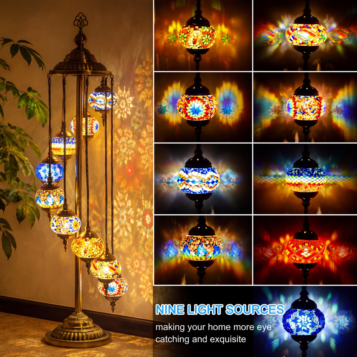 Turkish Mosaic Floor Lamp Moroccan Lamps (9 Globes Style)