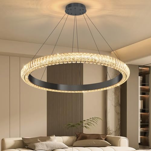 32" 1 Ring Crystal Chandelier Modern LED Dimmable Ring Pendant Light Chandelier for Dining Room Living Room Black (Black / 1 Ring Round 32")