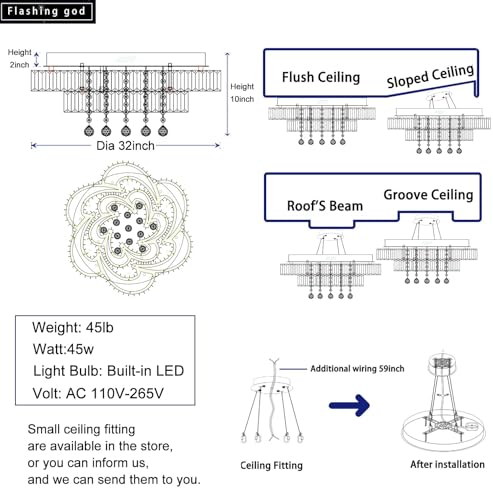 Dia 32'' Modern K9 Crystal Chandelier Flush Mount Ceiling Light Fixture Dimmable LED Chandelier for Living Room Dinning Room Bedroom (Silver / Dia 32'')