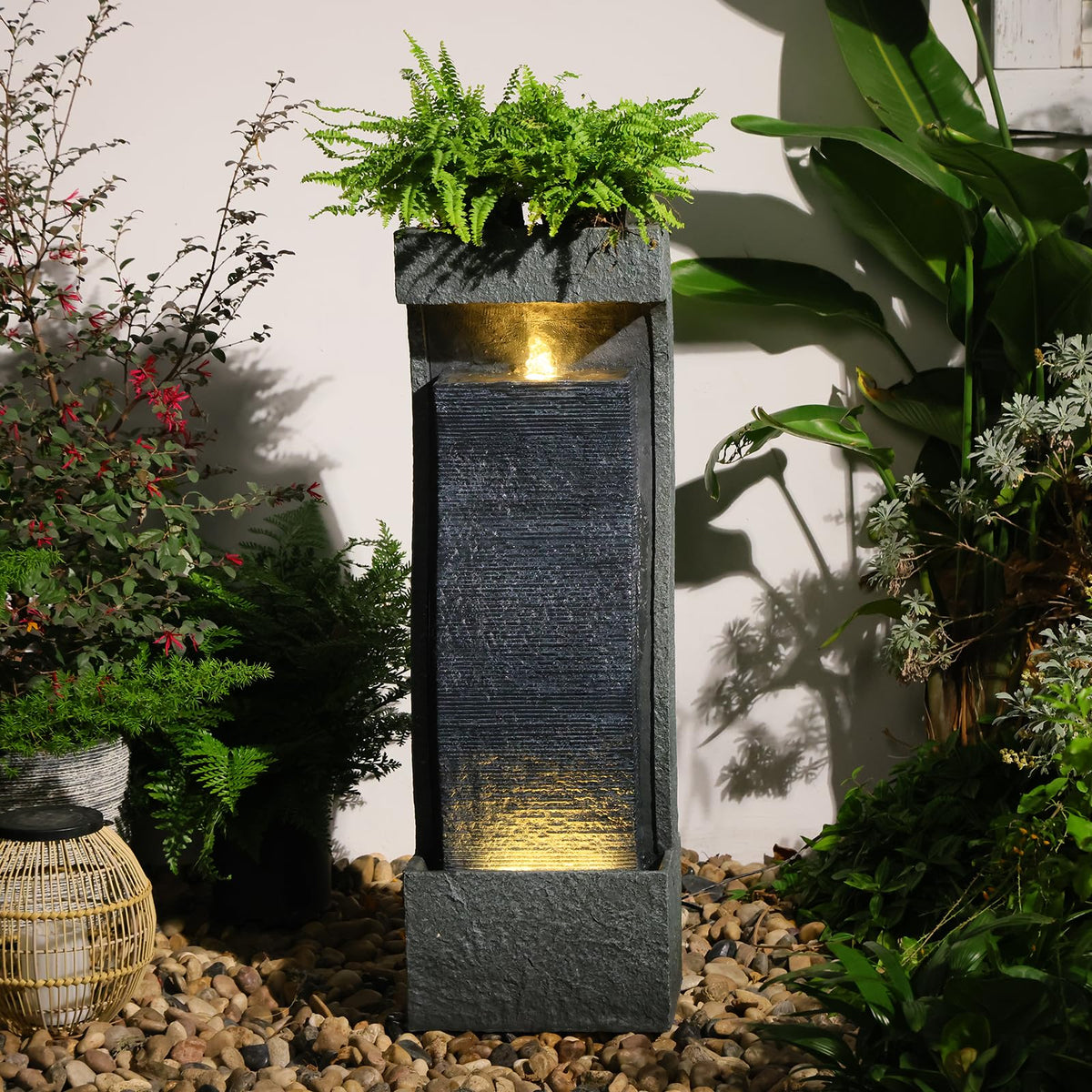 35H Modern Outdoor Water Fountain with Warm Light (35" Tall / Grey-35")
