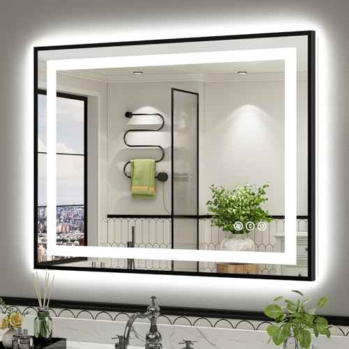 40x32 Inch LED Bathroom Mirror with Black Frame (Backlit+front Lit With Black Frame / 40"L x 32"W)
