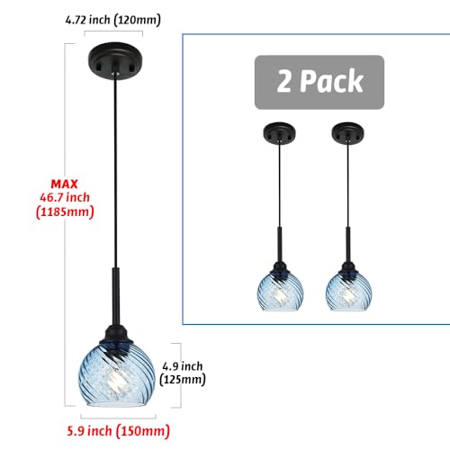 2 Pack Pendant Lights Kitchen Island with Blue Striped Swirl Globe Glass (Blue / 1-Light-2 Packs)