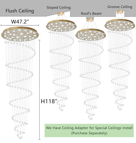 W47 x H118 High Ceiling Chandelier with LED Bulbs Dimmable Long Light Glam Chandeliers Crystal Pendants Light Fixtures for Foyer Entryway Living Room Stair Gold (Gold / Spiral W47" X H118")