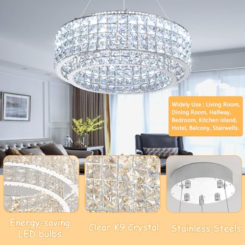 LED Chandeliers for Dining Room LED Dimmable Pendant Lights for Kitchen Island Crystal Adjustable Chandelier for Bedroom Hallway Entrance 16" Gold Light (Silver / Round 20")