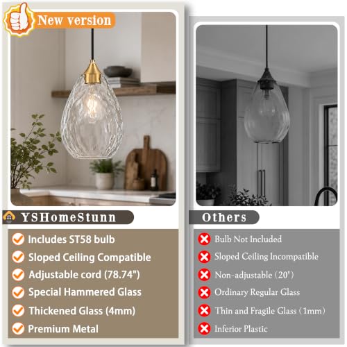 Gold Glass Pendant Lights Kitchen Island 6.3" Pendant Light Hammered Clear Glass 2 Pack Height Adjustable Modern Hanging Pendant Lights for Dining Room Bedroom Hallway Sink Bulbs Incl (Gold, 2 PK / 6.3 Inch)