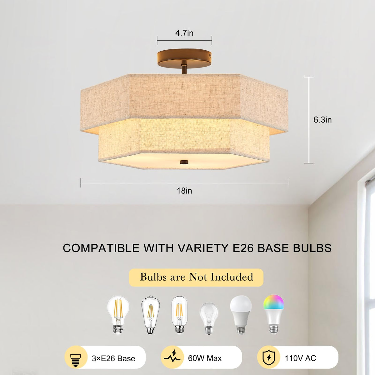 18" Large Black Semi Flush Mount Ceiling Light (Black - Square - 18")