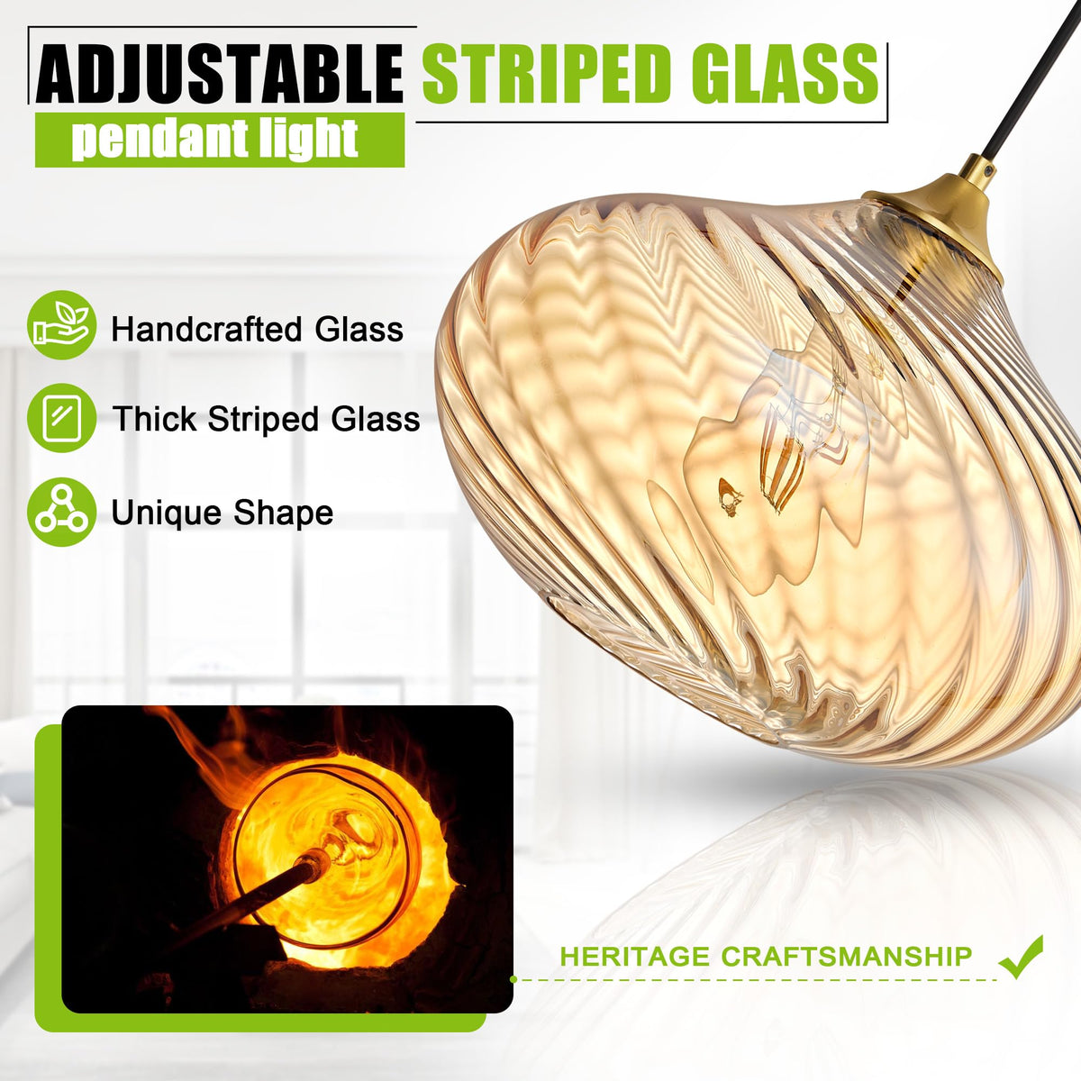 11in Gold Pendant Lights Kitchen Island with Amber Glass Shade 1Pack (Gold-Striped Amber Glass)