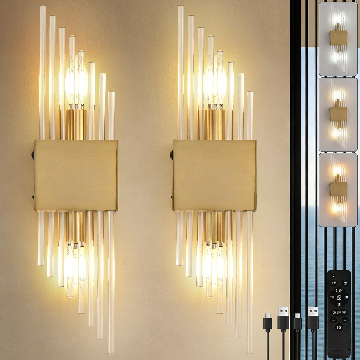 Battery Operated Wall Sconces Set of 2 (Gold 2pc)
