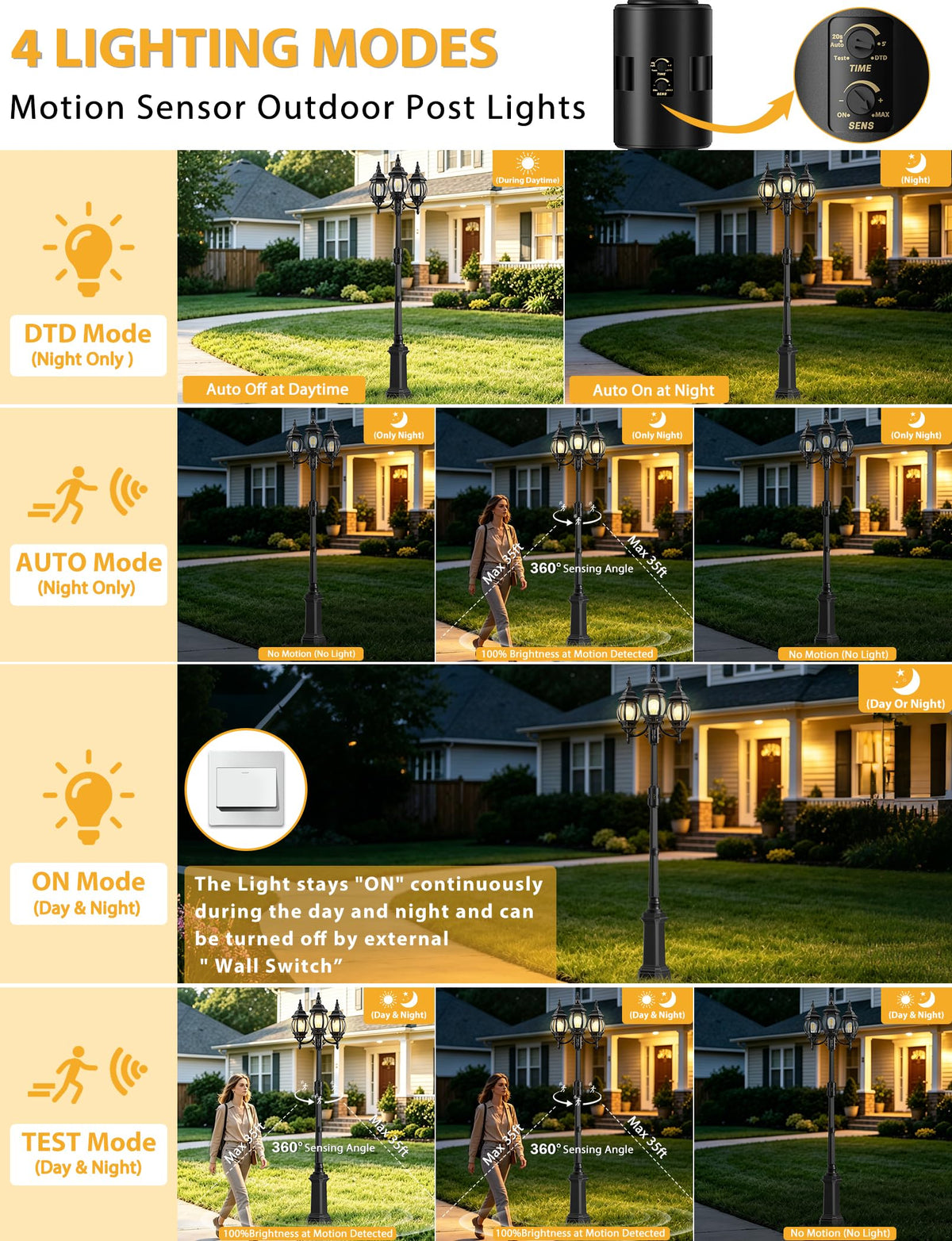 97" 3 Head Motion Sensor Outdoor Post Lights with GFCI Outlet (Black-with outlet / 97.7IN)