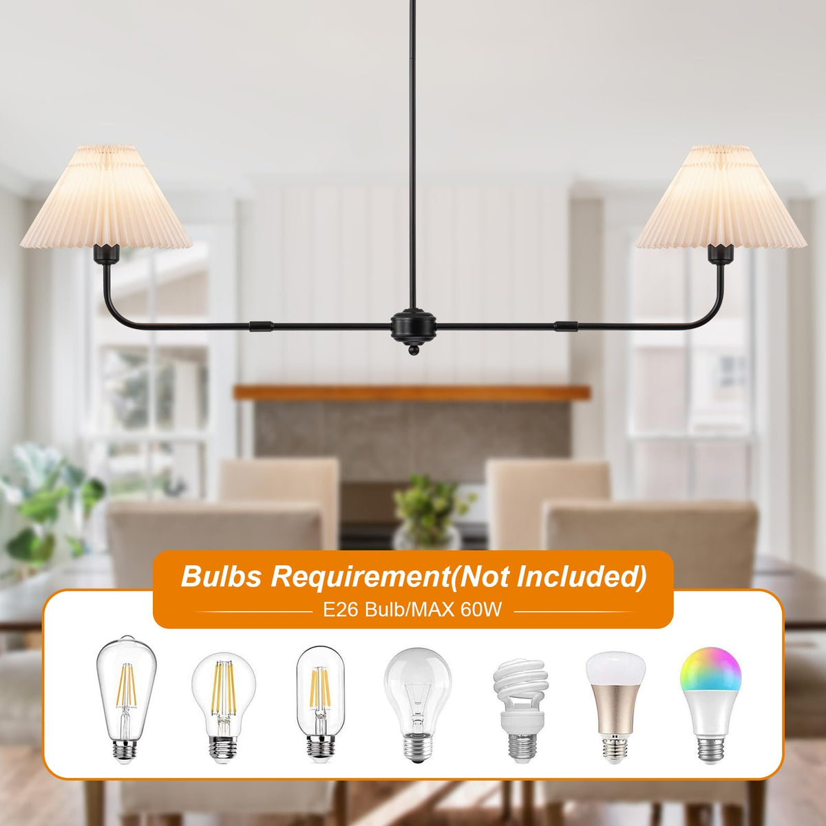 55" Black Modern Chandelier (Black-2 Lights)