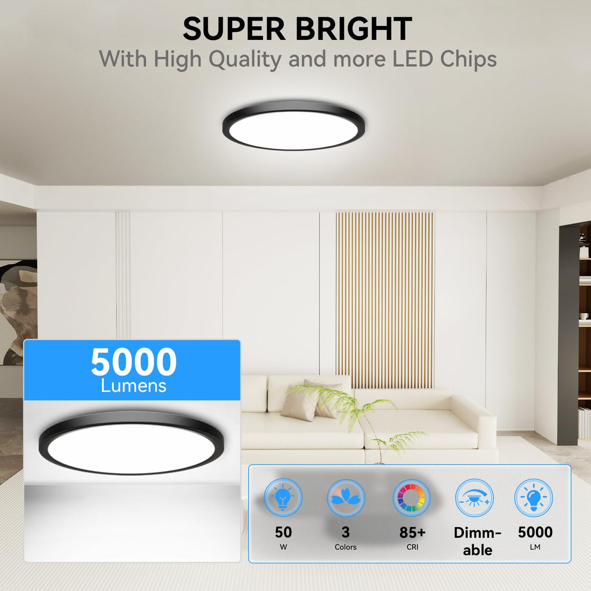5CCT 3000k//3500k/4500k//5000k/6000k Selectable, Led Flush Mount Ceiling Light, 20 Inch 5200LM Round Modern Flat Panel,Super Slim for Living Dining Kitchen Bedroom Room (Black / 20in-2Pack)