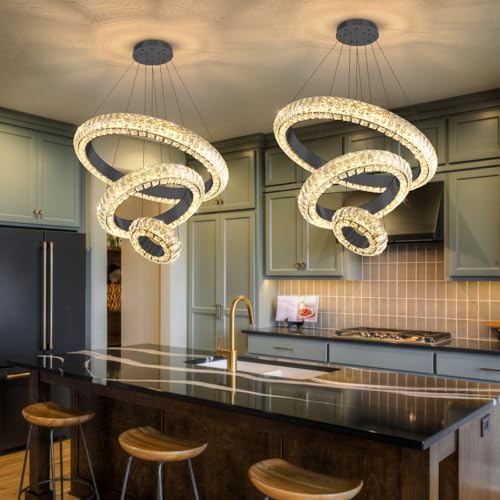 23.6" 3 Ring Crystal Chandelier Modern LED Dimmable Ring Pendant Light Round Chandelier for Dining Room Living Room Black (Black / 3 Ring Round 24")
