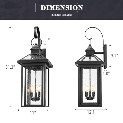 31.3-Inch 3-Light Front Porch Light, Black, Seeded Glass, ZW114BL BK (Black - Seeded Glass / 31.3 Inch - No Function)