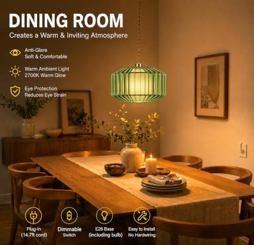 Plug in Pendant Light Glass Hanging Lights with Plug in Cord Boho Hanging Lamp Gold Mid Century Modern Vintage Dimmable Green Plug in Chandelier Ceiling Fixture for Living Room (Pendant Light-30)