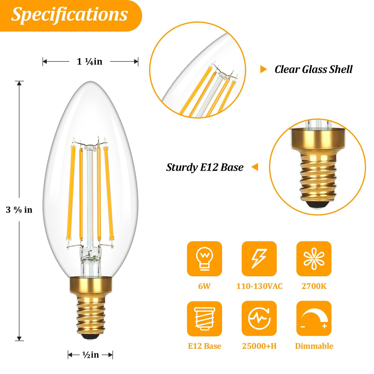E12 Candelabra LED Light Bulbs 60W Equivalent (2700k Warm White / ‎60W Equivalent)