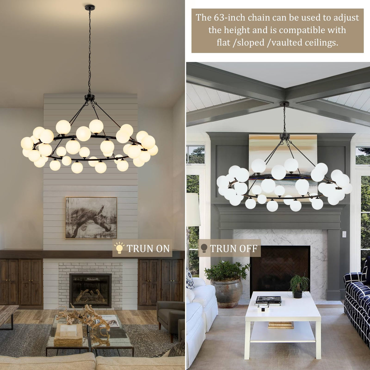 60 In Extra Large Chandelier Sputnik Dining Room Light Fixture High Ceiling (Round-White 60Inch)