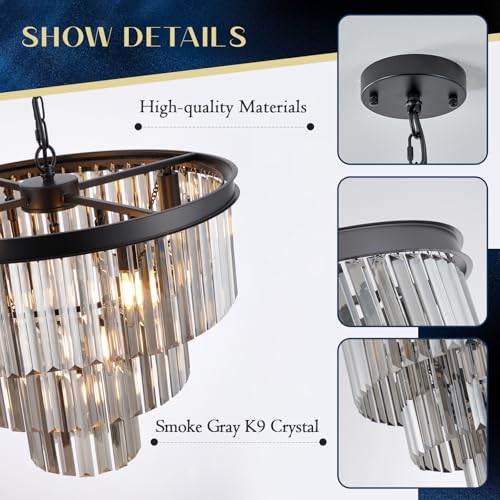Smoke Gray Crystal Chandeliers 7 Lights 20" Black Round Chandelier (Black+Smoke Gray / Small-20”)