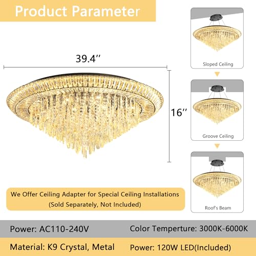 Modern LED Crystal Chandelier for Living Room Dimmable Large Ceiling Light Fixture Round Raindrop Chandeliers for Dining Room Entryway Bedroom Foyer Black (Black / W40")