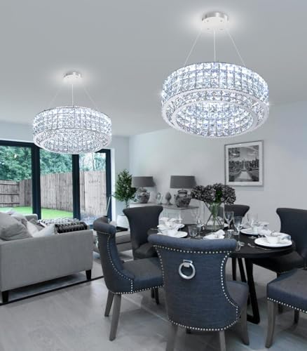 LED Chandeliers for Dining Room LED Dimmable Pendant Lights for Kitchen Island Crystal Adjustable Chandelier for Bedroom Hallway Entrance 16" Gold Light (Silver / Round 20")