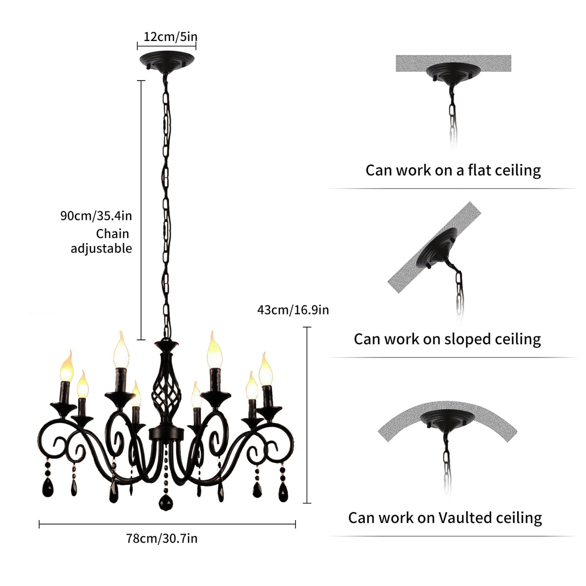 8 Light Crystal Candle Chandelier (Black/8 Lights/Crystal)