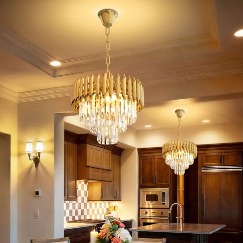 Modern Gold Crystal Chandelier 16" Round Chandeliers for Dining Room 3 Tiers Ceiling Pendant Light Fixtures Adjustable Hanging Chandeliers for Living Room Foyer Bedroom Kitchen (D15.5"XH13.3" Gold)