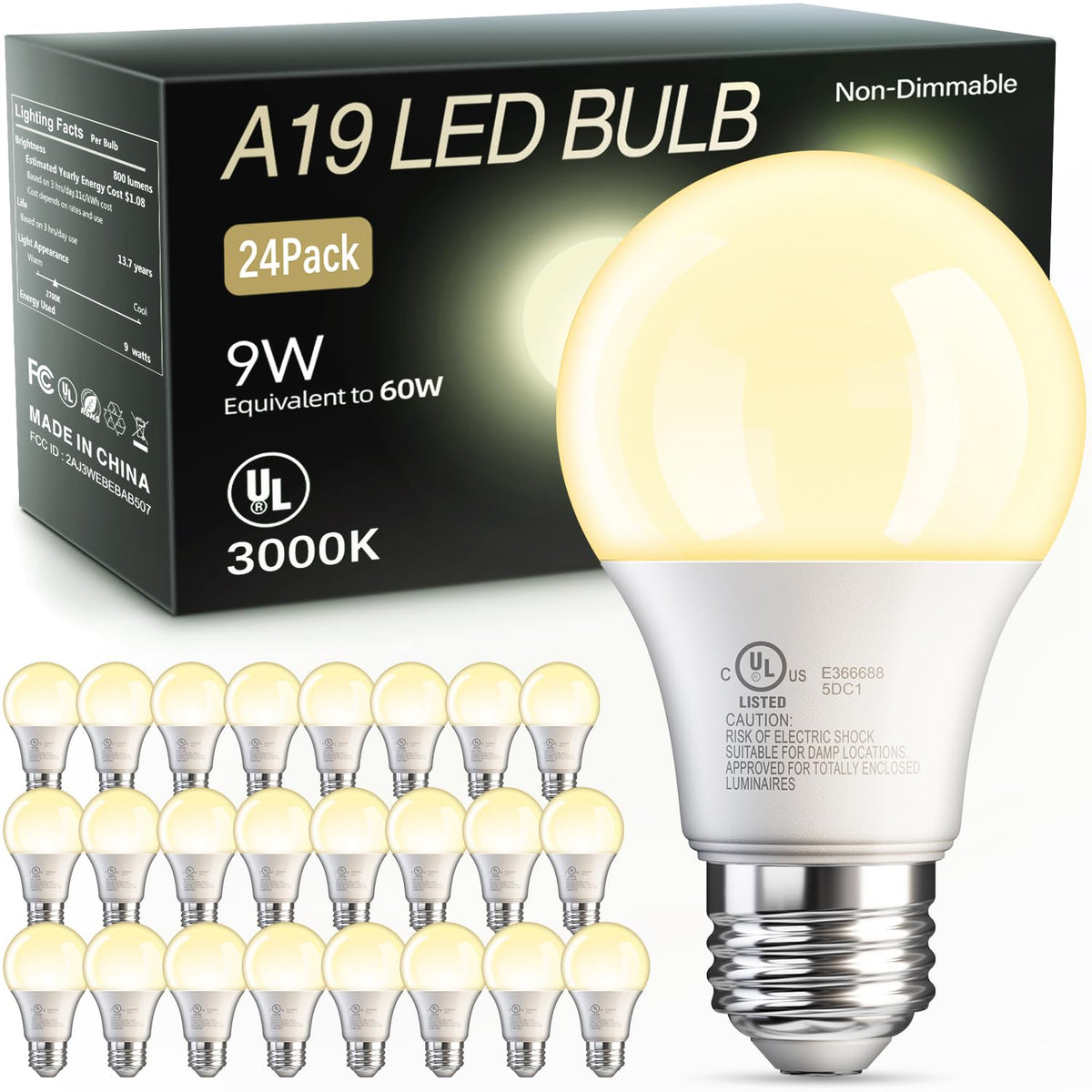 24 Pack A19 LED Light Bulbs Warm White 3000K (3000k Warm White / 24 Pack)