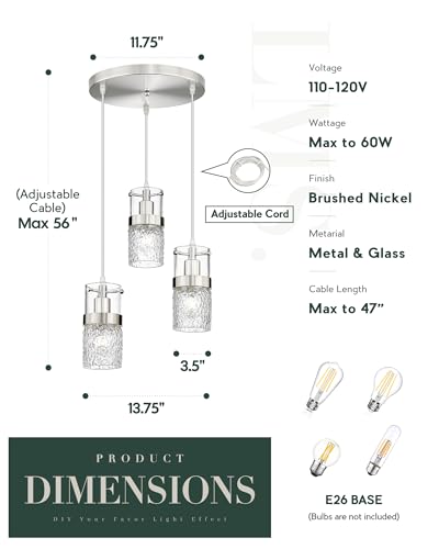 3 Light Brushed Nickel Cluster Pendant Light (Silver -Hammered Glass / 3.5" Hammered Glass, 3-Light)