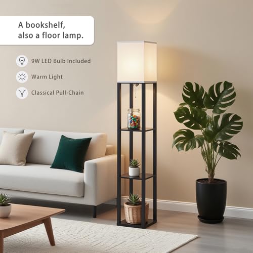Floor Lamp with Shelves (Black(White Shade))